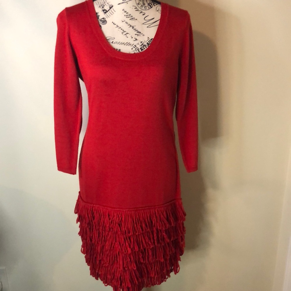 Calvin Klein Red 3/4 Sleeve Fringe Dress Sz S